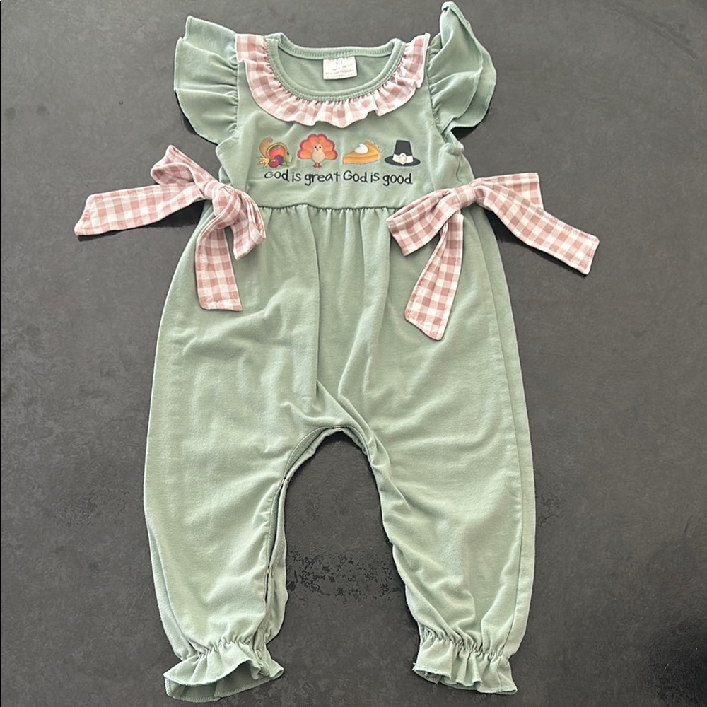 2XS 6-12 months Kids Green Ruffled Jumpsuit- Thanksgiving Themed